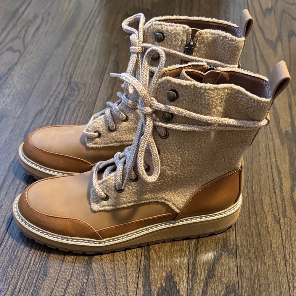 Tan and Cream Lace-Up Boots